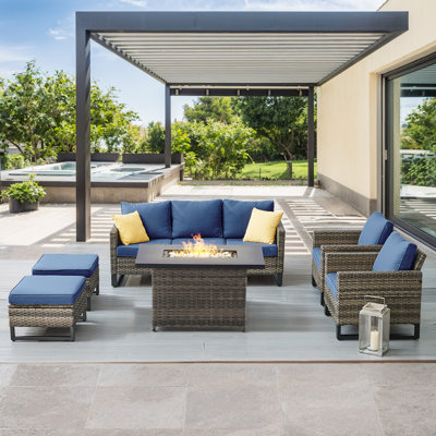 Nazime 5- Person Outdoor PE Wicker Patio Conversation Set with Fire Pit, Ottomans and Cushions
