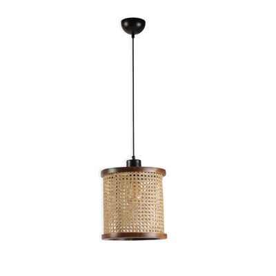 Luminaire suspendu simple en bois à hauteur réglable avec capuchon en rotin