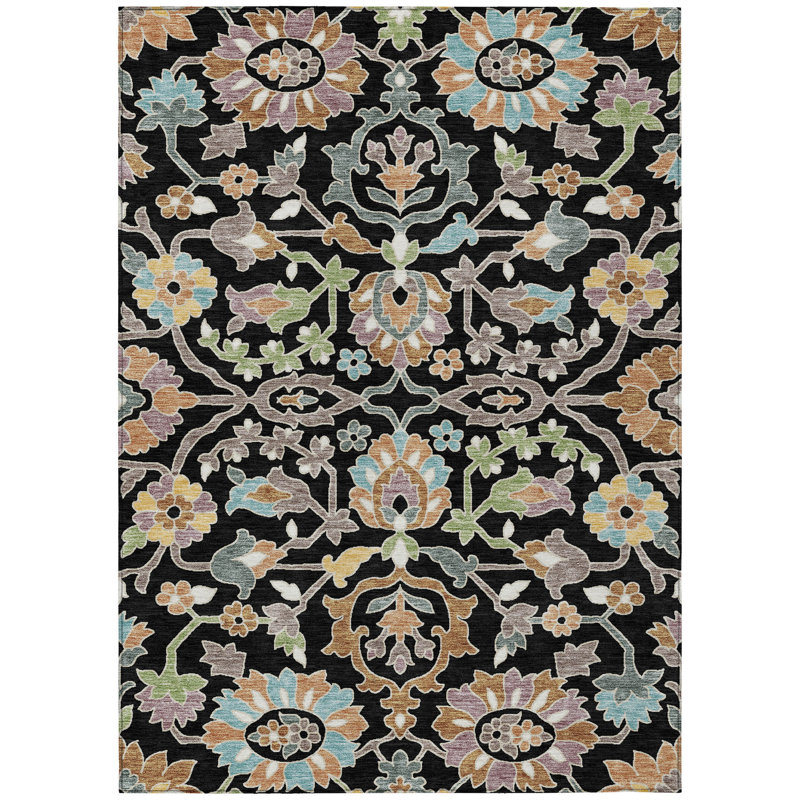 Machine Washable Indoor/Outdoor Chantille ACN2587 Floral Rug, 9' x 12', Black