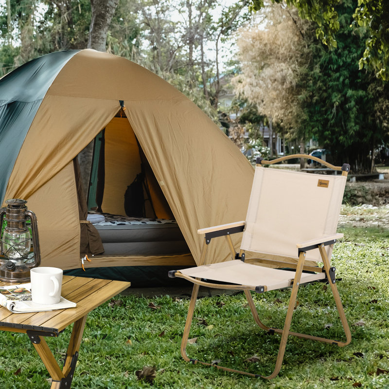 Folding Camping Chair, Khaki, Wood Grain