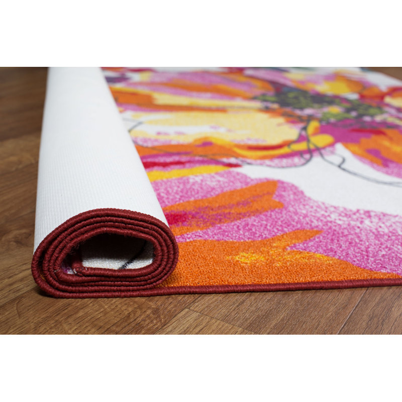 Florentia Floral Tufted Orange/Pink/Ivory Non-Slip Rubberback Area Rug, Rectangle 1'8" x 2'6"