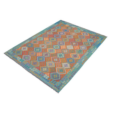 Tapis rouille / bleu en laine noué à la main 8 pi 7 po x 11 pi 4 po Cedorah Southwestern