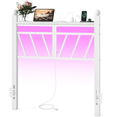  Metal Twin/twin Xl Size Headboard With Storage, 60,000 Diy Color Of Led Lights, Head Board With Charging Station, Modern Freestanding Headboard Only, Easy Assembly, White