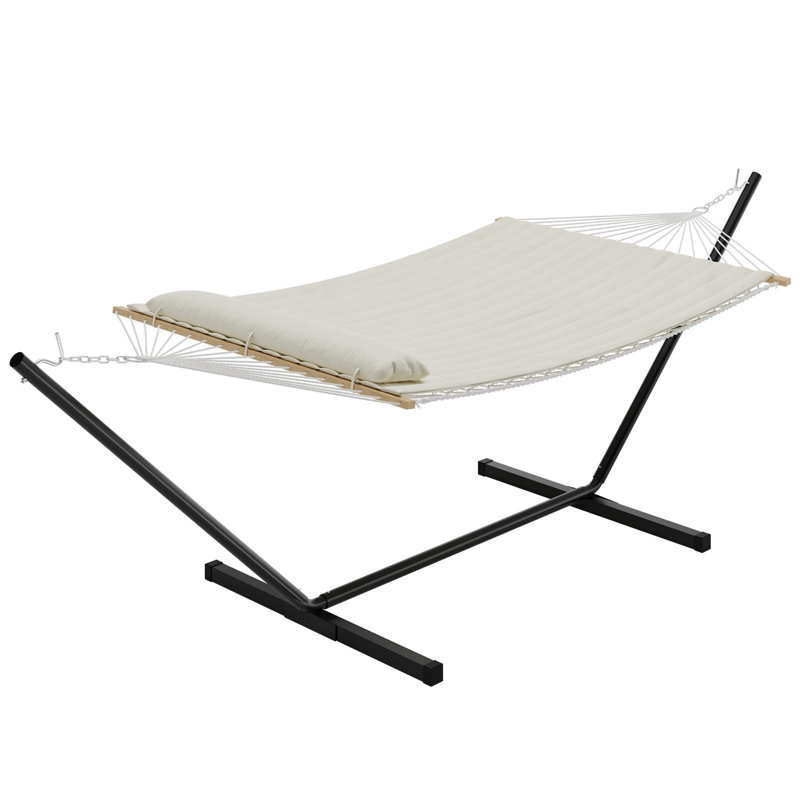 2-Person Outdoor Hammock with Iron Frame Stand, Portable and Lightweight, 475Lb Capacity, Durable Polyester Net Bag and Quilted Cotton Rope Cushion, Perfect for Garden, Camping, and Relaxation