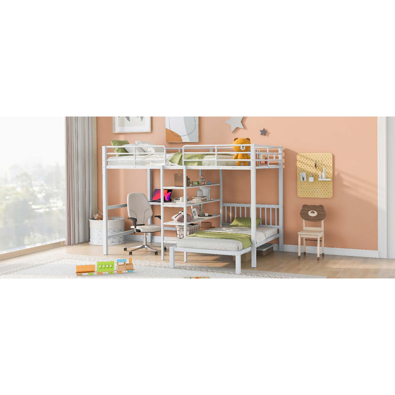 Lit superposé en métal avec bureau intégré, tablettes et échelle, Blanc