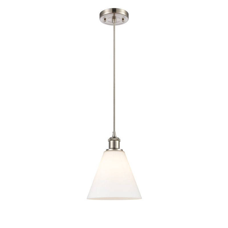 Luminaire suspendu conique à 1 lumière Halyn, H 11,75 po x l 8 po x P 8 po, Blanc, Nickel satiné brossé