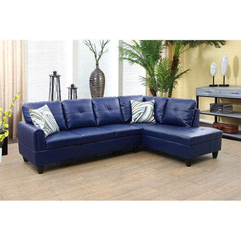 Renford Upholstered L-Shaped Sectional, Right Hand Facing, Blue Faux Leather
