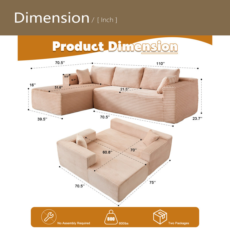 Canapé modulaire à compression avec méridienne confortable, canapé en forme de L sans siège avec assise profonde, canapé-lit modulaire minimaliste pour salon, salon et chambre à coucher