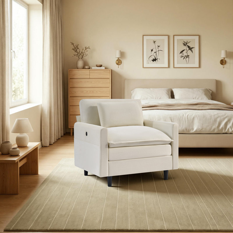 Chaise d'appoint de salon en bois massif rembourré en bois massif 38,7 po avec charge USB, White, No