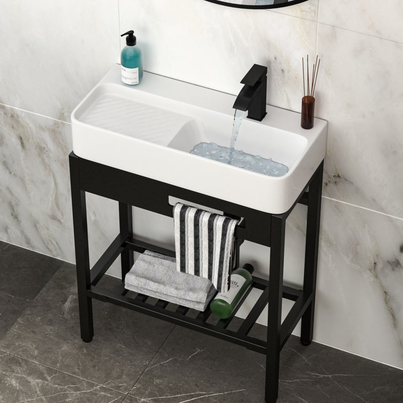 Évier de console en céramique 28 po x 12 po avec planche à récurer intégrée, construction hygiénique, peu encombrante, utilisation polyvalente intégrée, pieds en acier inoxydable, utilisation dans l'environnement