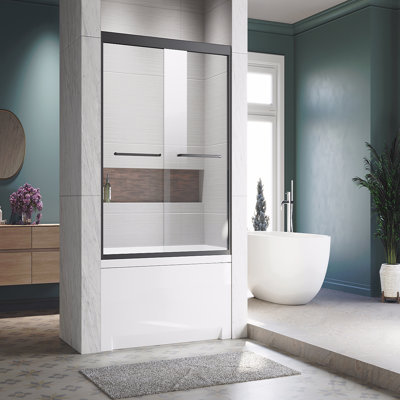 Sliding Glass Tub Door 56-60 In. W X 57 In. H, Matte Black Semi Frameless Double Bathtub Door, Certified Thick Clear Clear Tempered Glass, 304 Stainless Steel Handles.