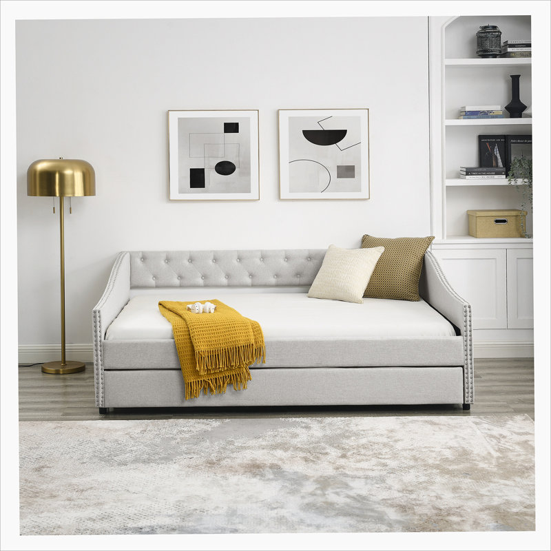 Daybed with Trundle Upholstered Tufted Sofa Bed, with Button and Copper Nail on Arms, Full, Beige