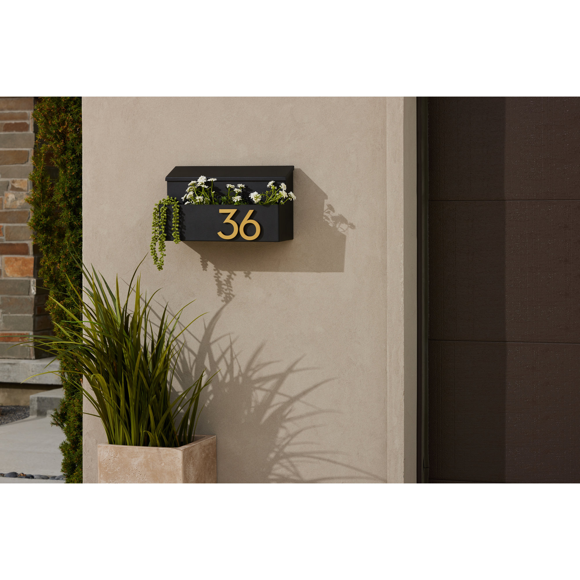 The Garden Wall Mounted Steel Mailbox, Black, Brass, Yes