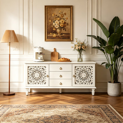 Farmhouse TV Stand with 3 Drawers, 2 Carved Hollow Doors and Adjustable Shelves, Vintage Storage Cabinet,Freestanding Media Console Storage Cabinet for Living Room