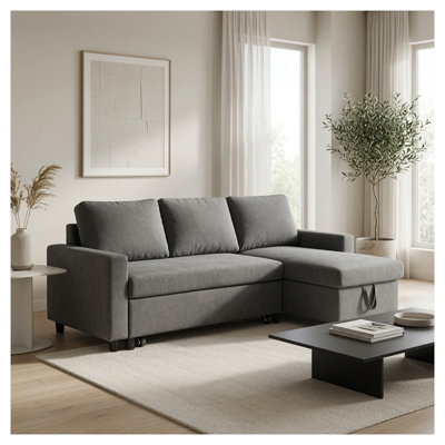 Canapé-lit convertible moderne en forme de L de 212 cm avec méridienne de rangement, canapé d'angle en tissu flanelle gris foncé pour salon
