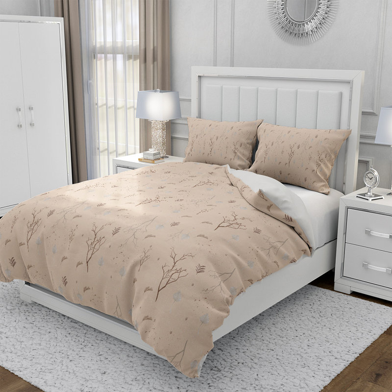 Housse de couette et taies décoratives brun clair à motif feuilles et branches