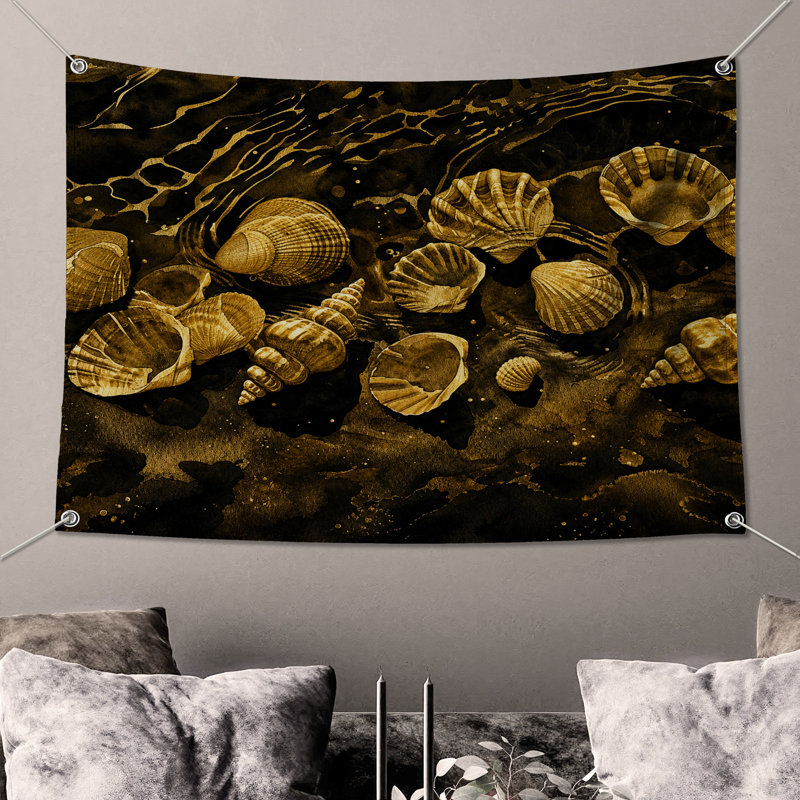 Tapisserie murale «Golden Seashells» - décoration murale coquillages, H 50 po x l 60 po avec 4 œillets