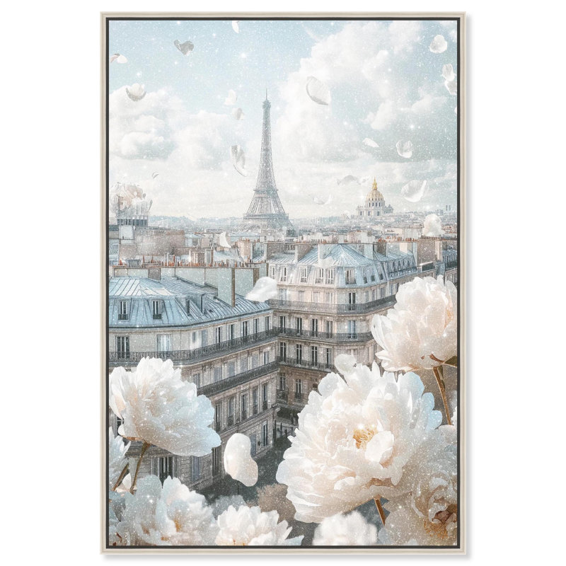 Décoration murale pivoines sur toile Glam , H 31 po x l 21 po, Argent argent, Cadre flottant