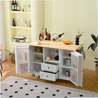 Mobile Kitchen Island Storage Trolley Cart on Wheels with Dropleaf Top, Towel/Spice Rack,2 Drawers, 2-Door Cabinet, White