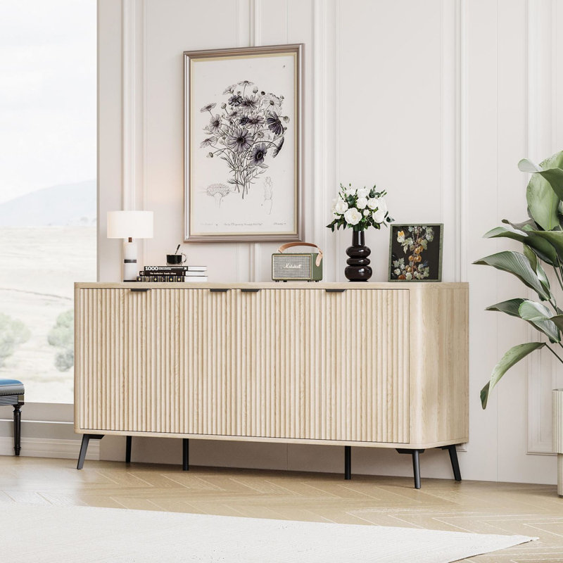 Buffet 62,9 pouces à flûte avec tablette ajustable et armoire courbée, Grain du bois