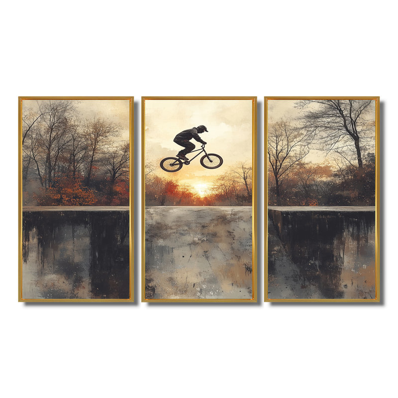 «Black Street Bmx Bike Tricks - Cycling», ensemble d'art mural, Toile avec cadre flottant or, H 40 po x l 60 po x P 1 po