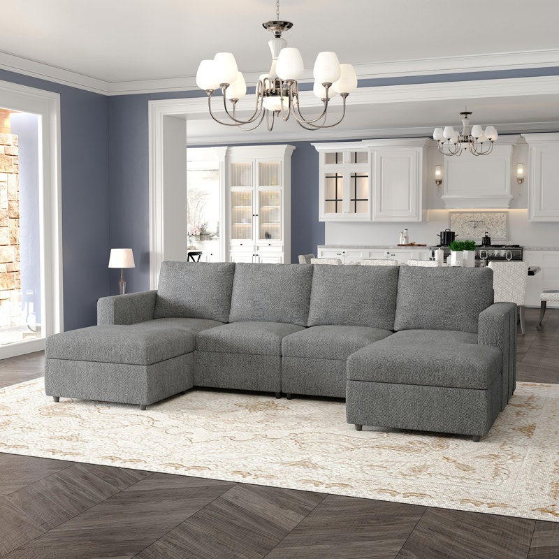 Canapé modulaire rembourré avec rangement Rafael, Chenille gris pâle