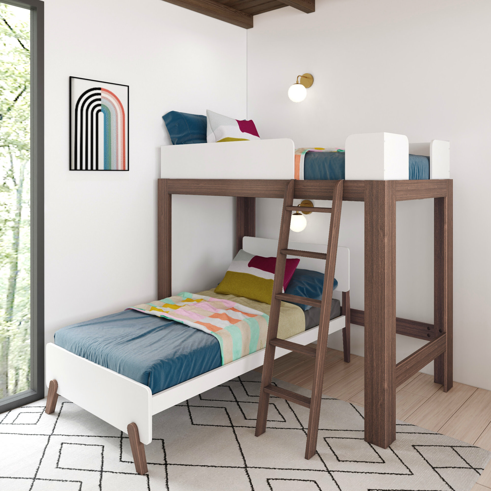 Ambur Solid Wood L-Shaped Bunk Beds by Isabelle & Max, Twin over Twin, White/Walnut