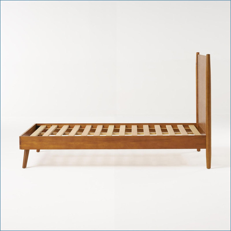 Structure de lit simple en bois d'acacia massif - Design Mid-Century, aucun sommier requis, finition naturelle pour la chambre à coucher