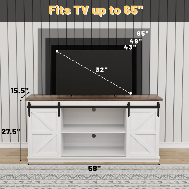 Tv Stand For Tvs Up To 65" With Double Sliding Barn Doors And Storage Cabinets, White Wood