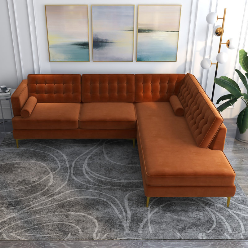 Canapé et chaise longue en velours de 101 po Noam, Velours orange, Accoudoir à droite (vu de face)