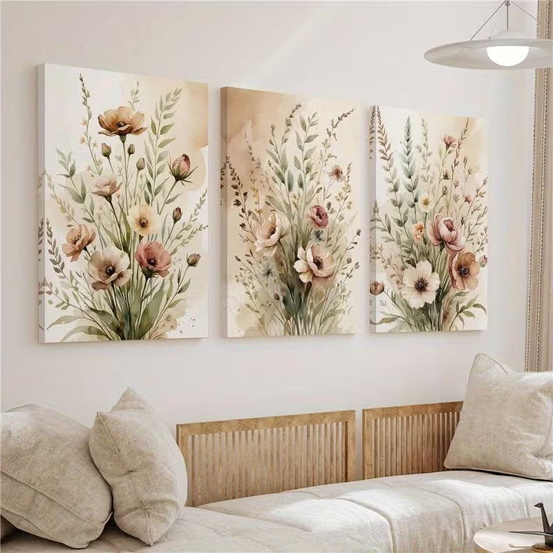 Tableau sur toile bohème en trois parties, motif floral sauvage, 30 x 60 cm, idéal pour le salon., 12" H x 24" W