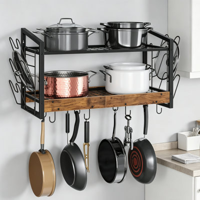 Rustic 2-Tier Wall-Mounted Pot Rack with 12 Hooks for Kitchen