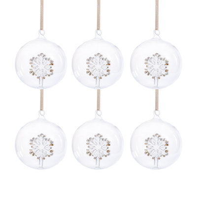 Clear Glass Ball Ornaments with Holiday Snowflake Motif