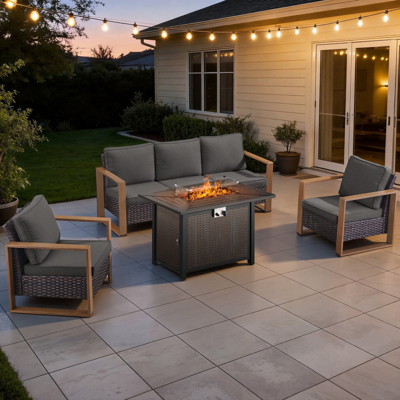 Drazen 5 - Person Patio Furniture Set With Fire Pit Table, All-Weather Wicker Outdoor Conversation Set With Chair And Thick Cushions