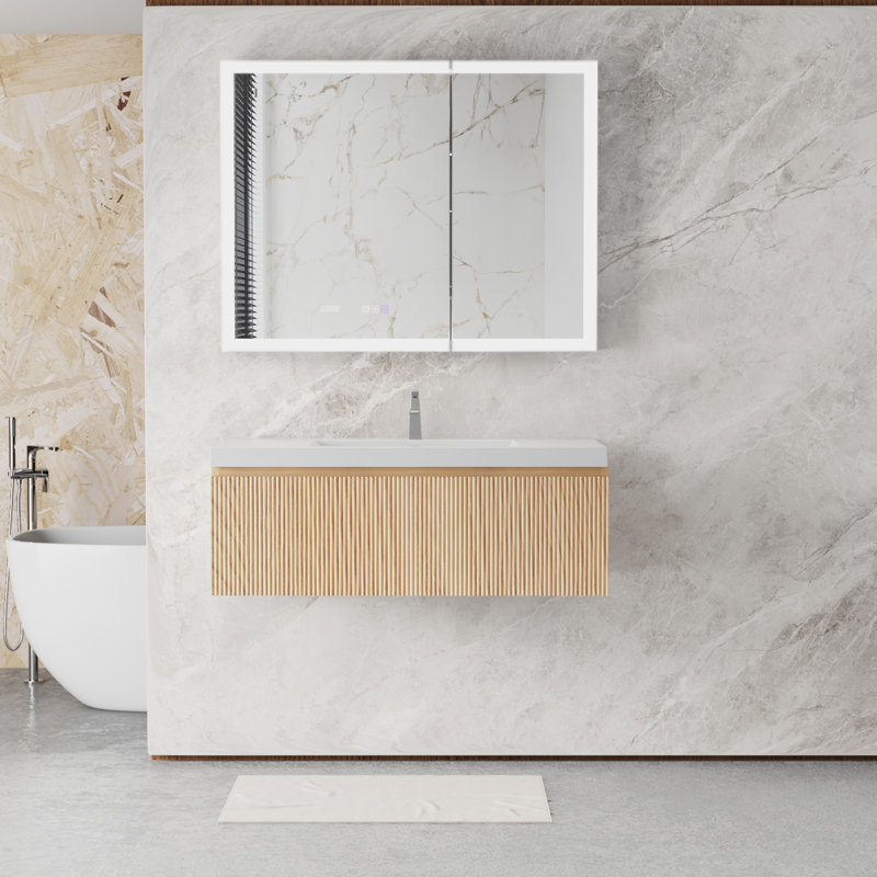 Meuble-lavabo flottant moderne 42 po avec lavabo en résine intégré, Bois naturel, 42", Blanc
