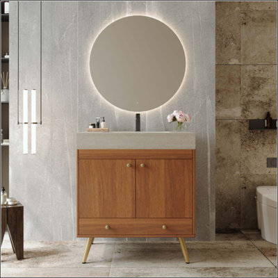 Meuble-lavabo autoportant de style Mid-Century avec comptoir en faux marbre et lavabo en céramique, armoire de rangement à double porte, bois d'ingénierie imperméable (robinet non inclus)
