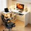 L-Shaped Computer Desk with Keyboard Tray and Storage Shelves, Corner Writing Desk for Home Office or Study, White Wood Effect