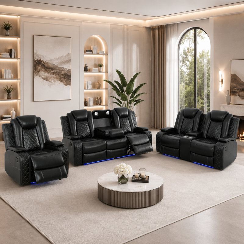 Ensemble de salon Dillard 3 pièces avec fauteuils inclinables électriques, chargeur sans fil, ports USB, console de rangement et éclairage DEL bleu