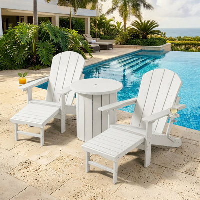 HDPE Folding Adirondack Chairs With Retractable Ottoman, 5-Position Adjustable Backrest & Round Plastic Patio Side Table Umbrella Base With Wide Top For Patio Pool Deck