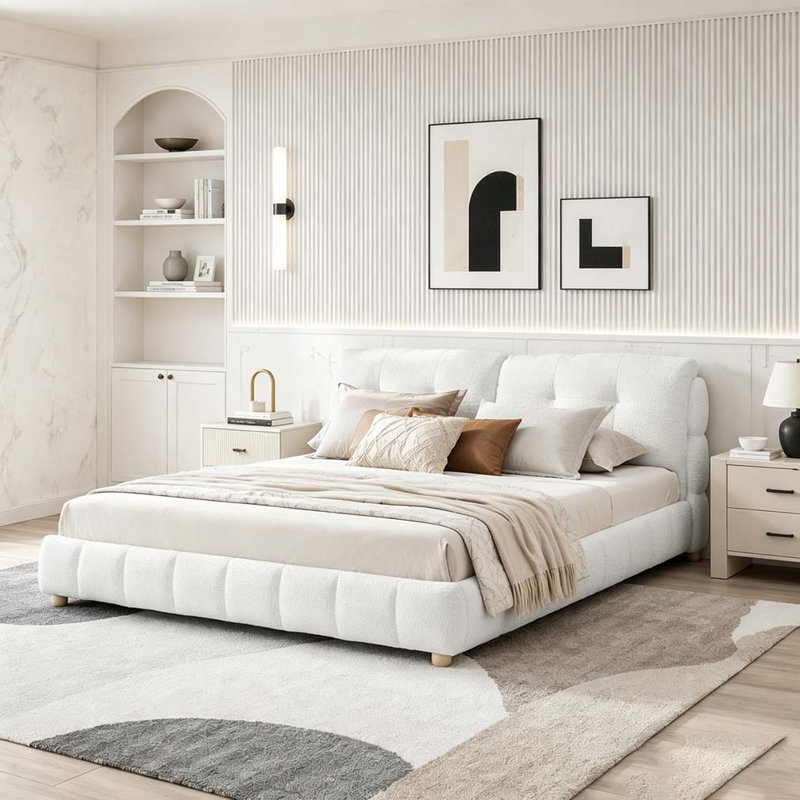 Lit plateforme en tissu crème de style bouclé, King