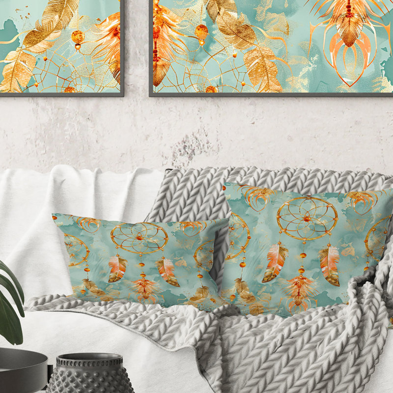 Coussin boho brun et turquoise Dreamcatcher IV - Boho, H 16 po x l 16 po, Carrée