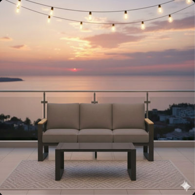 2-Piece 3-Seat Outdoor Sofa Couch Set, 75" All-Weather 3-Seat Aluminum Patio Sofa with Thick Gray Cushions  & 44" Glass Coffee Table