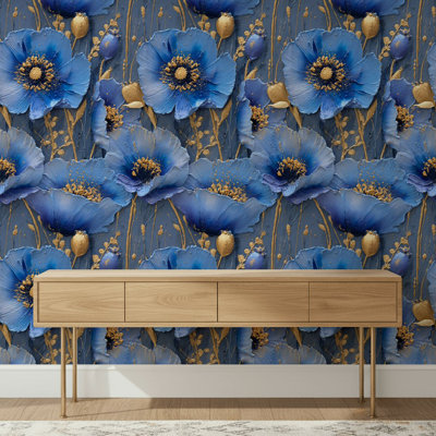 Papier peint floral, décoration murale or bleu