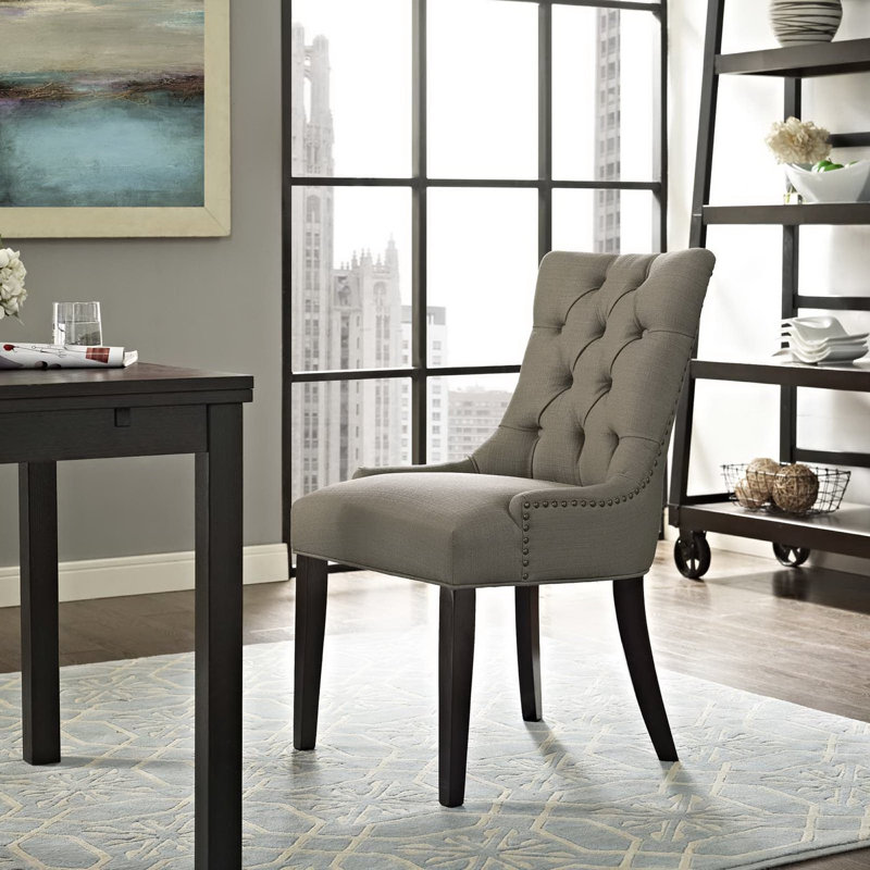Modern Elegant Button Tufted Upholstered Fabric With Nailhead Trim, Side Chair, Granite, Granite