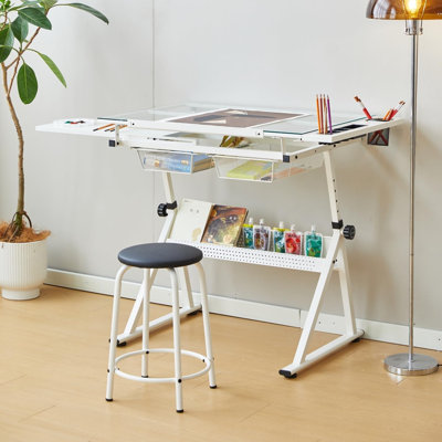 Height-Adjustable Drafting Table with Stool, Tilting Glass Top, 2 Storage Drawers, Multifunctional Art & Craft Workstation for Home Office