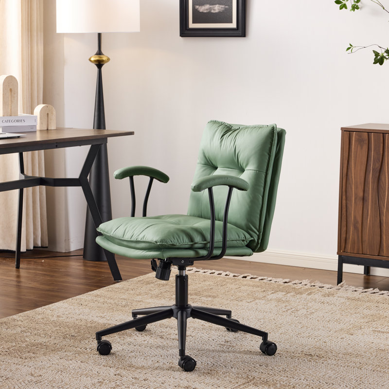 Tufted Button Double Layer Padding Faux Leather Swivel Office Chair, Green