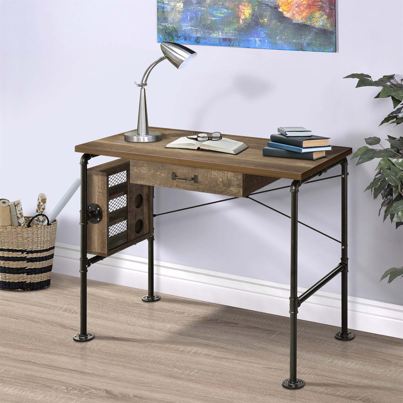 Weathered Oak and Black 1-Drawer Writing Desk with Spacious Surface and Open Shelves, Perfect for Organized Workspaces
