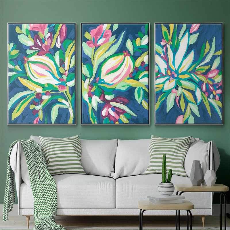Blue Tropics I, ensemble de 3 toiles encadrées sur toile, Argent, H 27 po x l 54 po