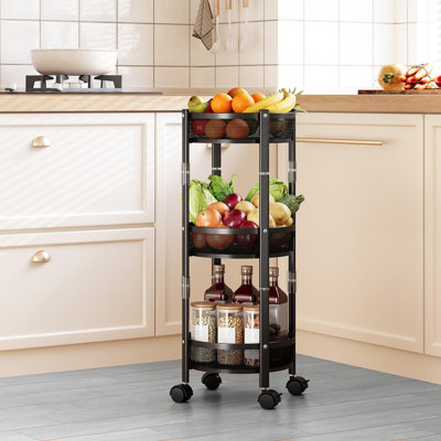 3 Tier Foldable Rolling Cart, Metal Utility Storage Cart,Assembly-Free, Lockable Wheels, Round Trolley Organizer for Bathroom, Kitchen, Office, Dorm,