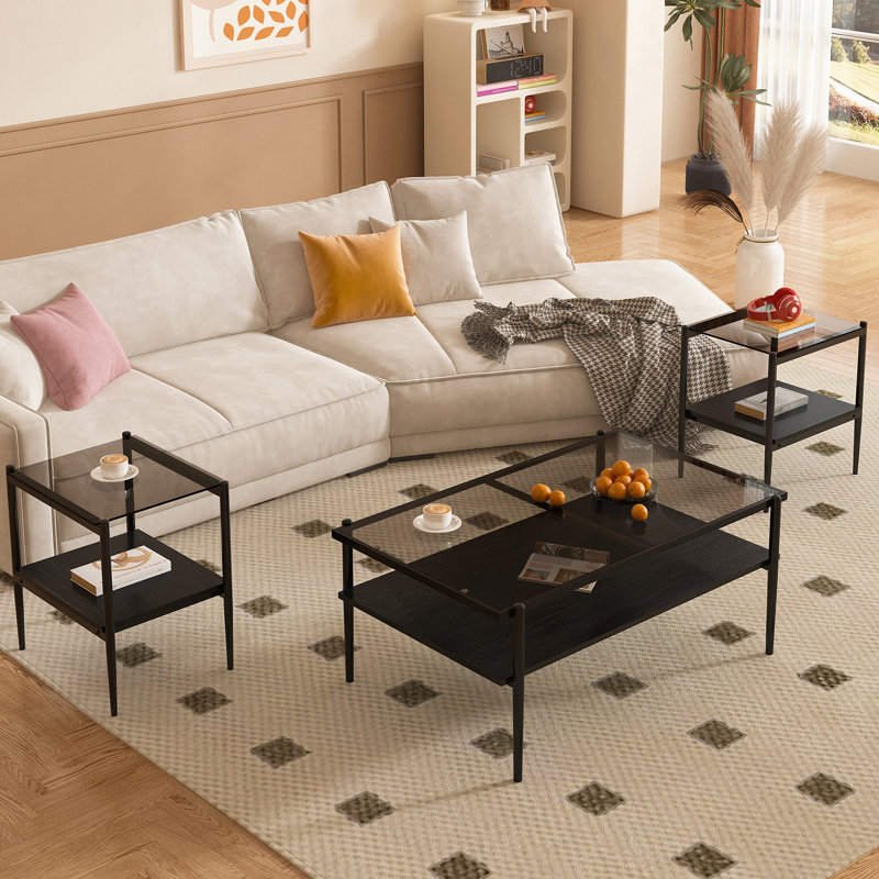 Coffee Table and End tables Set of 3, Tempered Glass Table with MDF layer, Modern Tables for Living Room , Gray Glass, Black